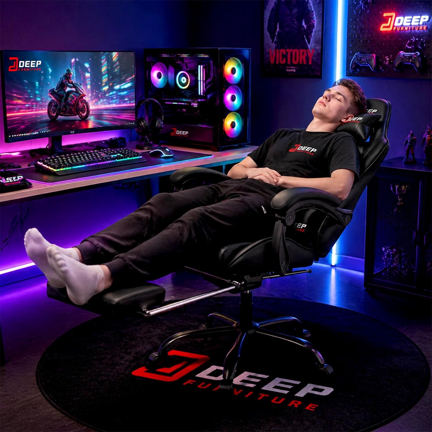 Gaming Chair with Footrest, Ergonomic Game Chair with Lumbar Support and Linkage Armrest, Reclining Computer Chair Height Adjustable for Home Office Father's Day(1001-Black)