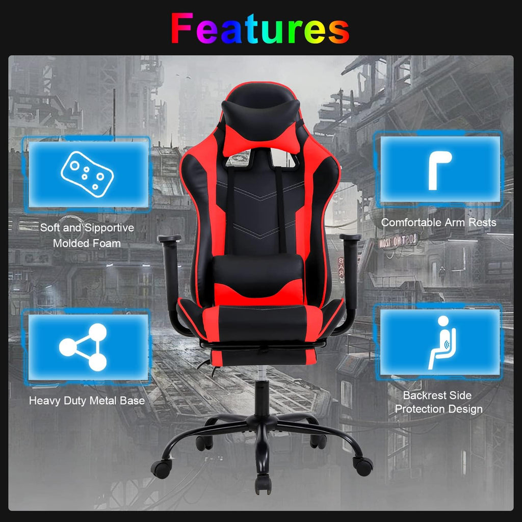 Gaming Chair Computer Chair Ergonomic Gaming Chair with Footrest Reclining High Back Video Game Chair with Lumbar Support Headrest Armrest Swivel Seat for Women, Men (Red)