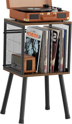 Simple Trending Record Player Stand, Storage up to 100 Albums, Vinyl Record Holder with Storage Shelf, Adjustable Divider, Rustic Brown