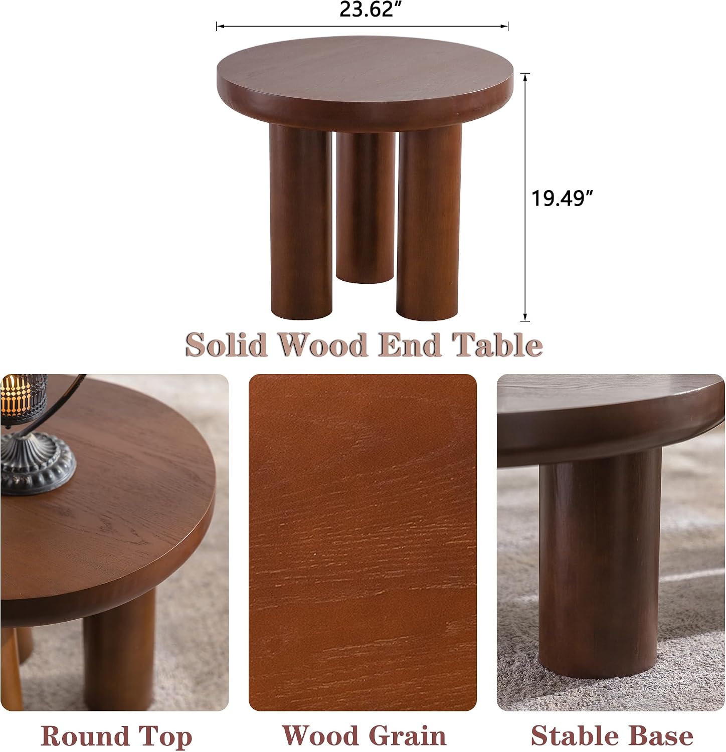 24" Walnut End Table, Simple End Table, Handcrafted Solid Round Table for Living Room, Apartment, Easy Assembly.