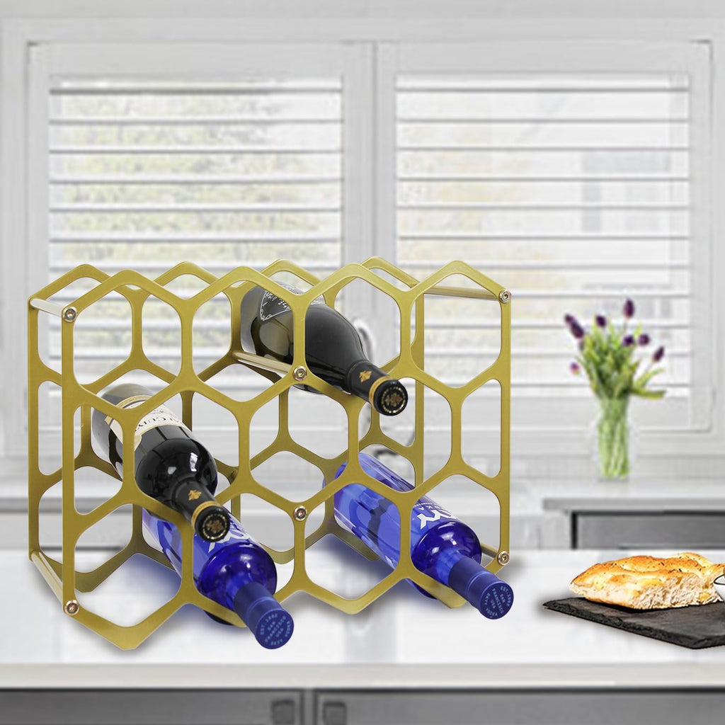 AT-VALY Countertop Wine Rack,Durable and Sturdy Freestanding 14 Bottle Wine Holder for Home Decor, Bar,Cabinet,Pantry (Gold)