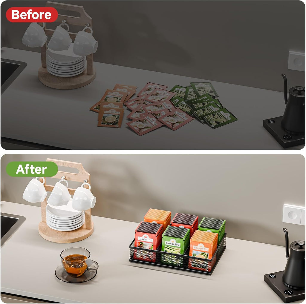 Tea Bag Organizer 6 Grids. Mesh Tea Bag Holder with Handle, Teabag Holder, Tea Station Organizer for Countertop, Pantry, Kitchen, Cabinet - Black