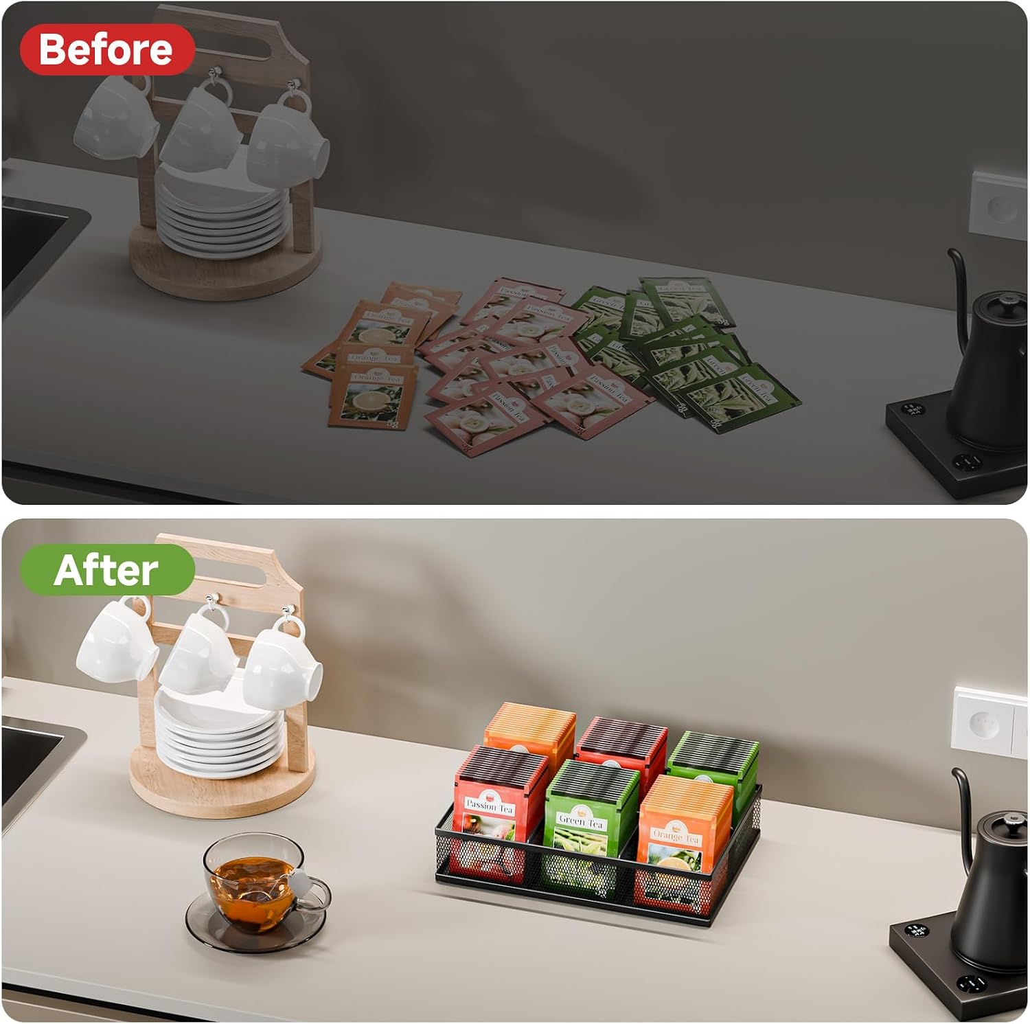 Tea Bag Organizer 6 Grids. Mesh Tea Bag Holder with Handle, Teabag Holder, Tea Station Organizer for Countertop, Pantry, Kitchen, Cabinet - Black