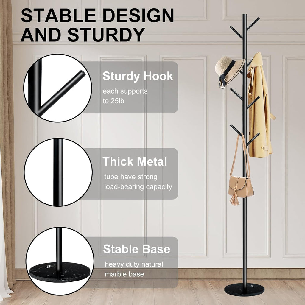 Coat Rack with Natural Marble Base, Metal Freestanding Coat Rack with 8 Hooks, Heavy Duty Coat Hanger Stand for Entryway, Office, Bedroom,Dorm for Coats, Hats, Handbags and Scarves(Black)