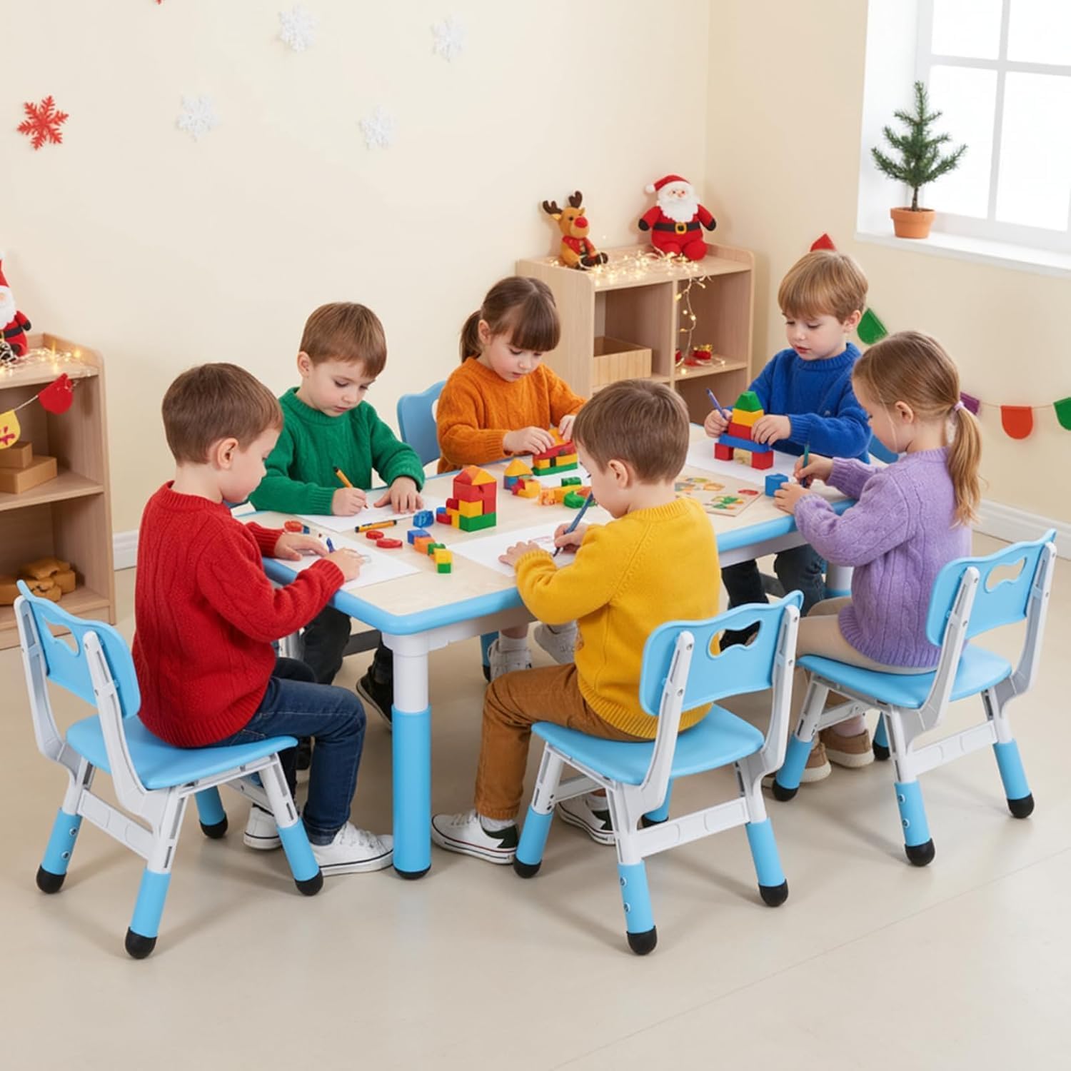 Arlopu Kids Table and 6 Chairs Set, Height Adjustable Graffiti Desk, Preschool Activity Art Craft Table, for Daycare Classroom Home Boys and Girls Age 3-12 (Blue)