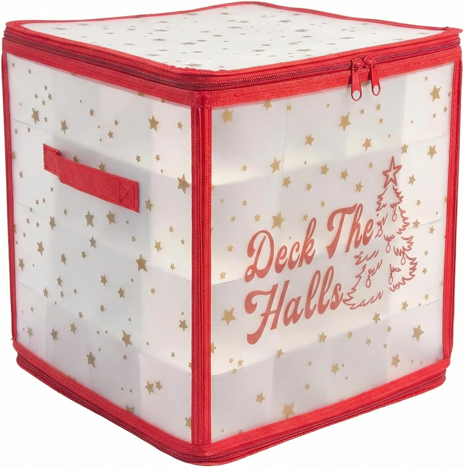 Plastic Christmas Ornament Storage Box with Zippered Closure - Store up to 64 of the 3-inch Standard Christmas Ornaments, Xmas Ornaments Storage with Dividers & Two Handles