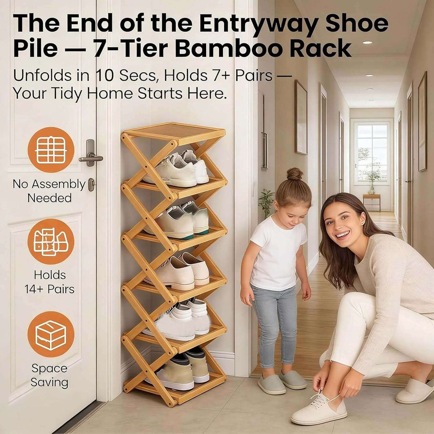 9 Tier Bamboo Shoe Rack, The 9-Tier No-Assembly Bamboo Rack, Foldable Accordion Corner Shoe Shelf, Narrow Standing Closet Shoe Organizer for Shoes, Books, Save Space, Easy to Use (Nature, 9 Tier)