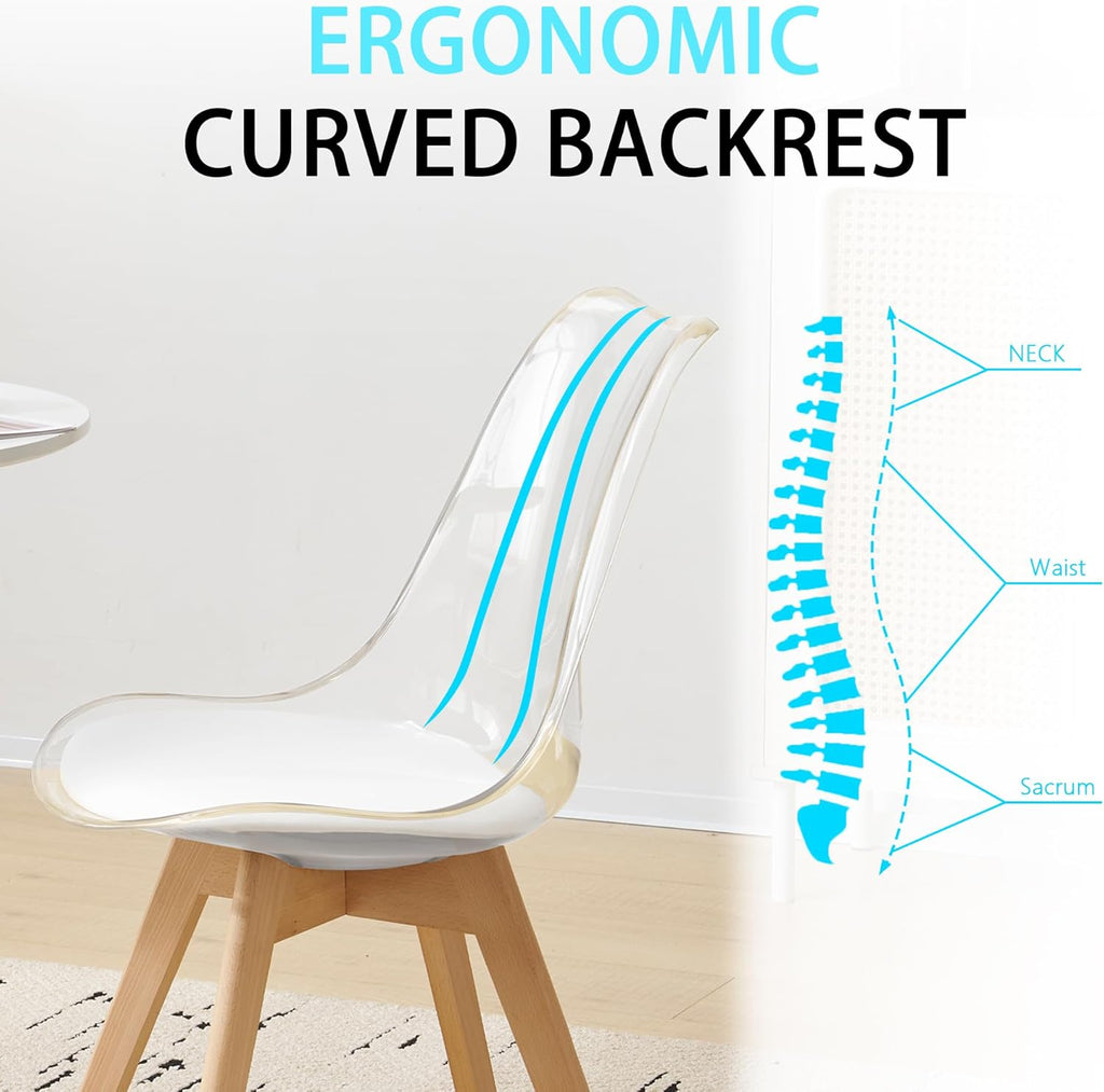 Dining Chairs Set of 4, Clear Acrylic Dining Chair Modern Transparent Chairs with PU Leather Cushions Seat & Wood Legs, Side Chairs for Dining Room Kitchen Restaurant Balcony (White)