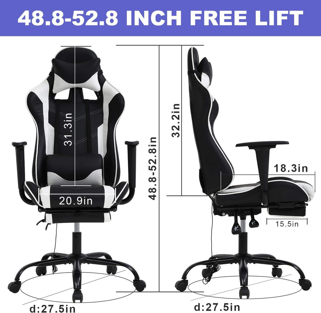 HCY High Back Gaming Chair Ergonomic Racing Style Gaming Chair with Footrest, Headrest and Lumbar Support Height Adjustable PU Leather Office Chair for Adults, White