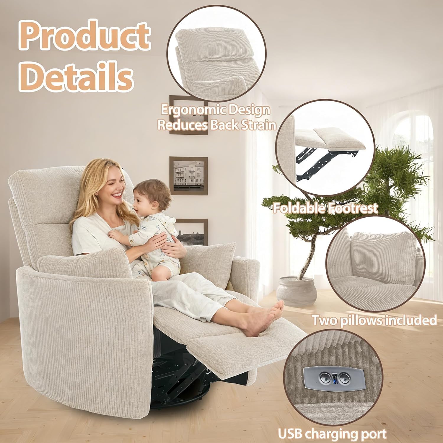 Power Swivel Rocker Recliner with 2 Pillows Power Nursery Glider Recliner Comfy High Back Electric Rocking Recliner for Adults Nursing Bedroom Living Room Brown