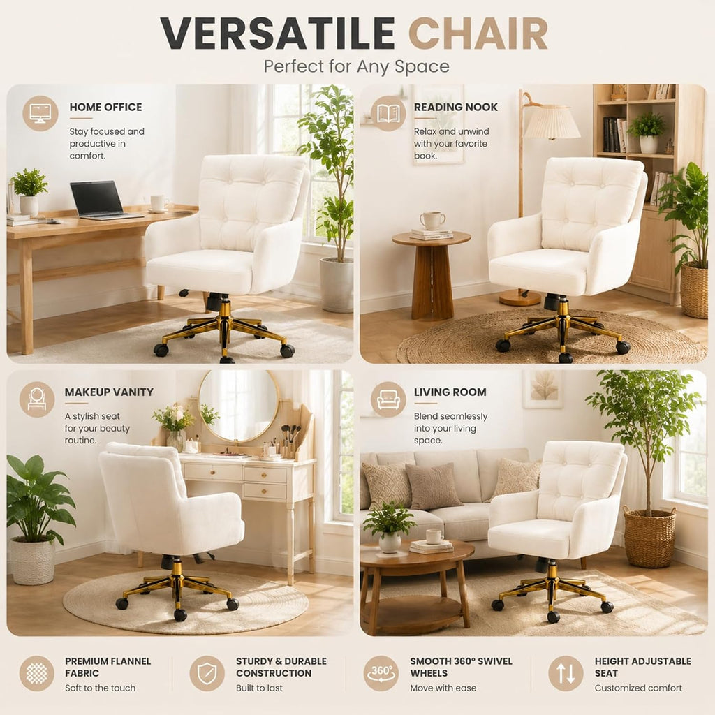 Modern Home Office Chair Velvet Desk Chair Accent Armchair Gold Legs Swivel Task Chair with Wheels Ergonomic Lumber and Back Support, Height Adjustable Flip-up for Living Room, Bedroom, Office,Study