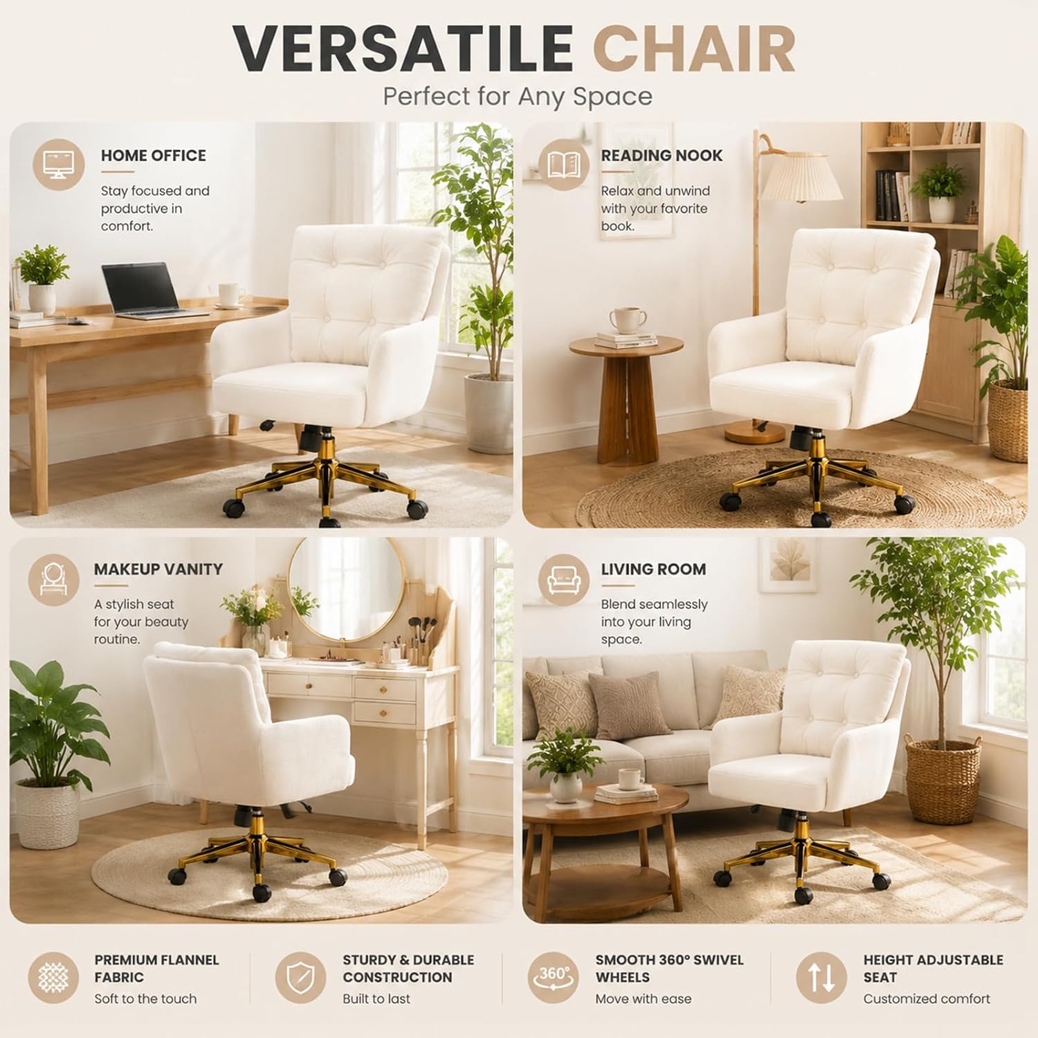 Modern Home Office Chair Velvet Desk Chair Accent Armchair Gold Legs Swivel Task Chair with Wheels Ergonomic Lumber and Back Support, Height Adjustable Flip-up for Living Room, Bedroom, Office,Study