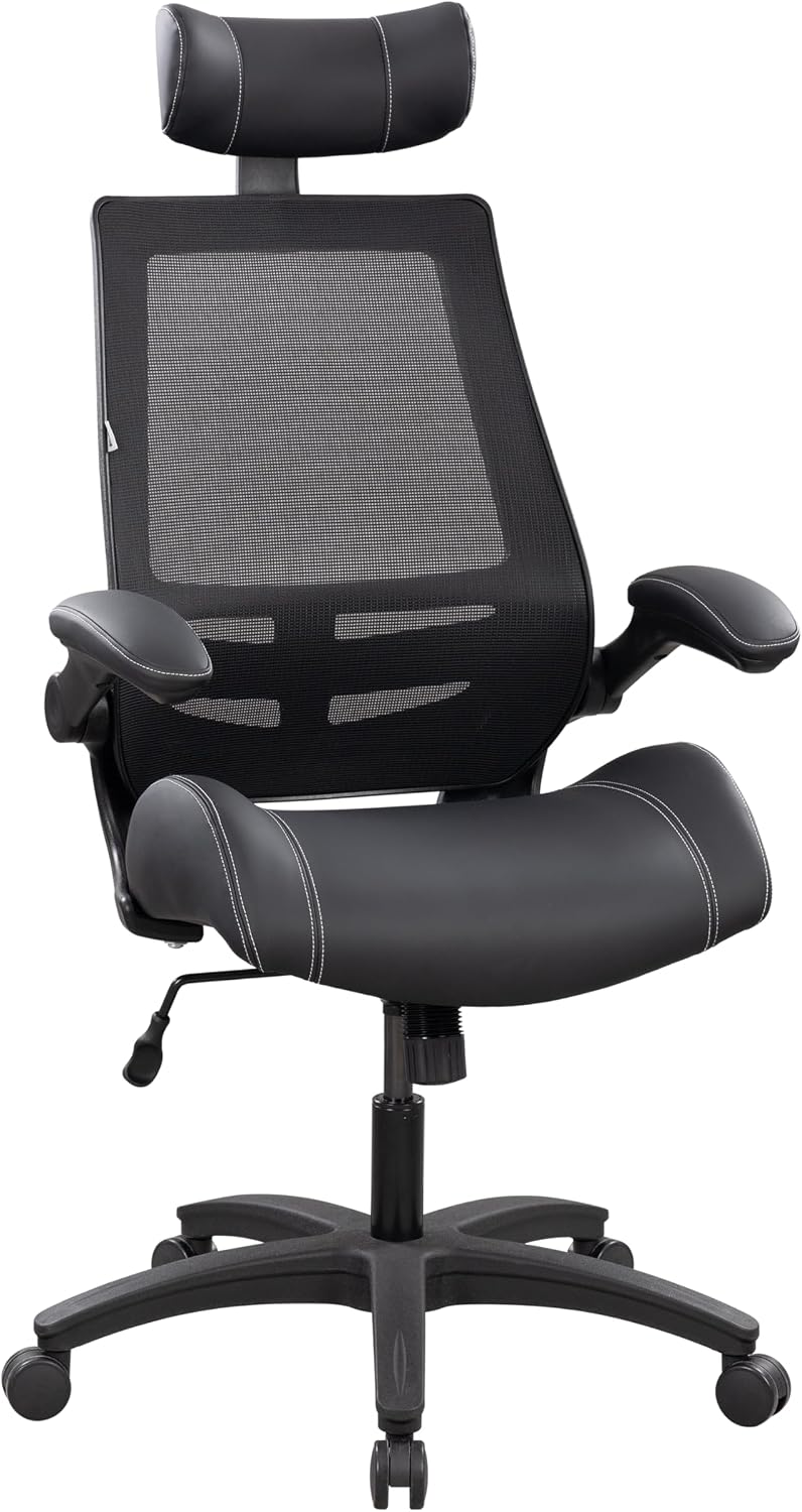 BOLISS Microleather 400lbs Office Chair High-Back Ergonomic Desk Chair with Extra-Thick High-Density Foam Seat, Adjustable Headrest, 90° Flip-Up Arms, and Rocking Tilt for Home & Office
