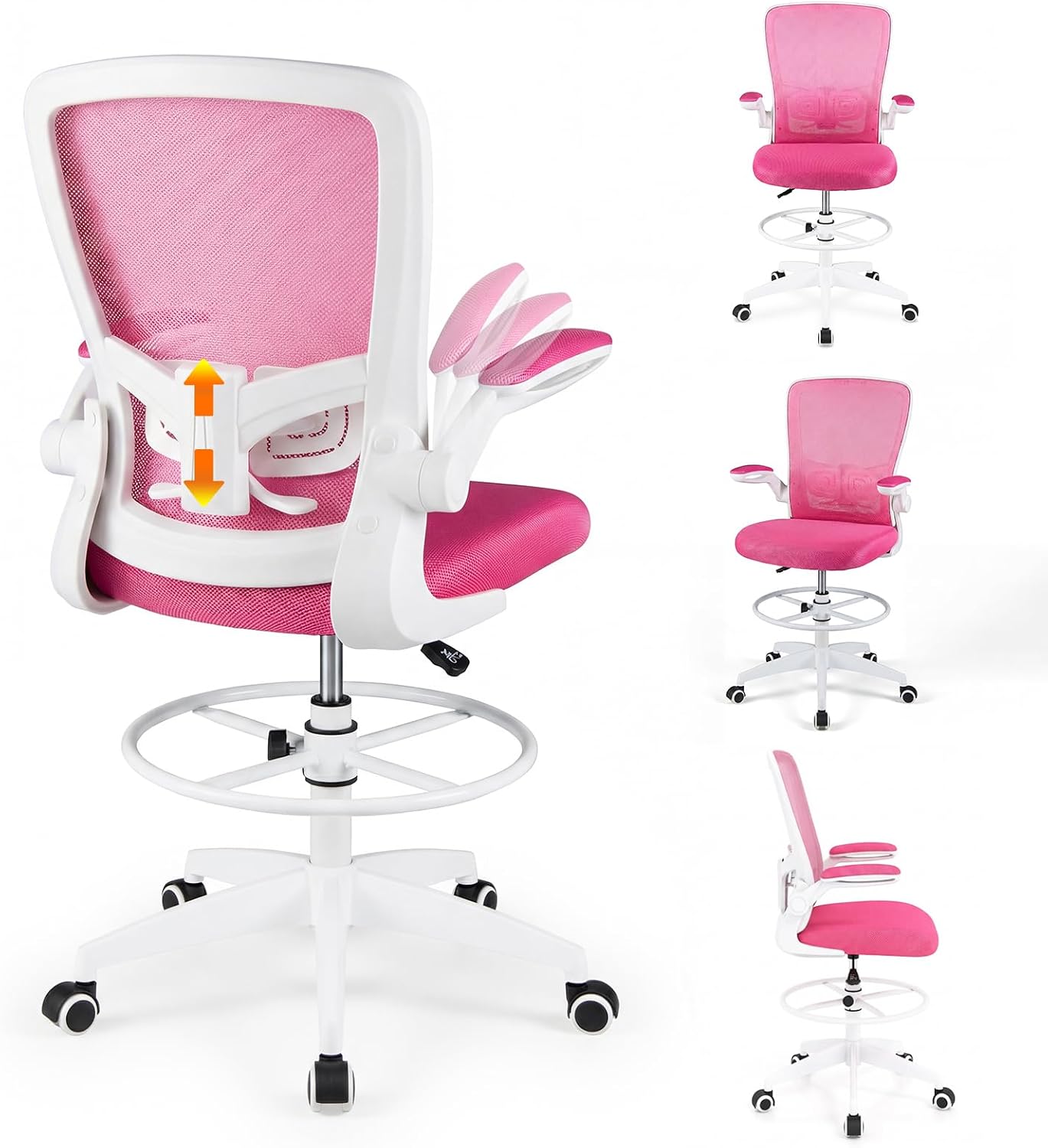 POWERSTONE Drafting Chair, Ergonomic Tall Office Chair for Standing Desk with 3IN Thick Cushion, Flip-up Arm, Adjustable Back Support & Footrest Workbench Rolling Stool Computer Chair (Rose Red 1PCS)