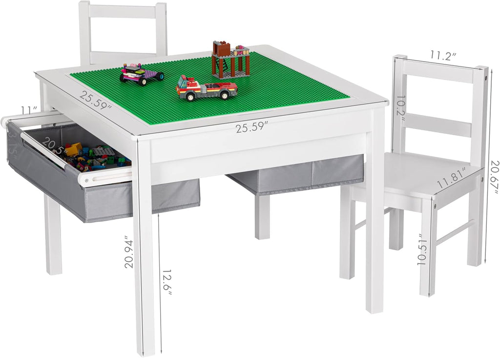 UTEX Wooden 2 in 1 Kids Construction Activity Table and 2 Chairs Set with Storage Drawers, and Built in Plate Compatible with Lego and Duplo Bricks (White with Grey Drawers)