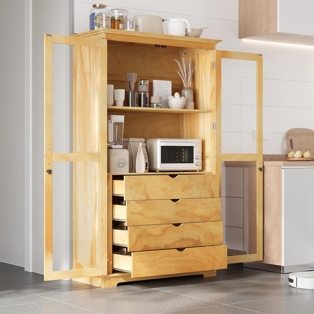 Kitchen Pantry, Freestanding Kitchen Cupboard Versatile Display Cabinet Coffee Bar Storage Cabinet with Glass Doors and 4 Built-in Drawers for Living Room, Home Office