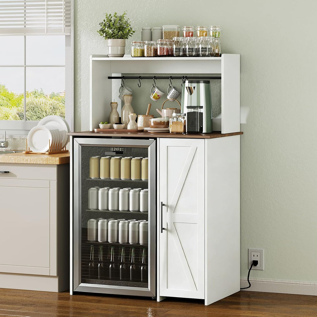 Mini Fridge Stand Coffee Bar Cabinet,Freestadning Coffee Stand Station Bakers Rack with Mini Fridge Space & Power Outlet,for Kitchen Dining Room Living Room,White