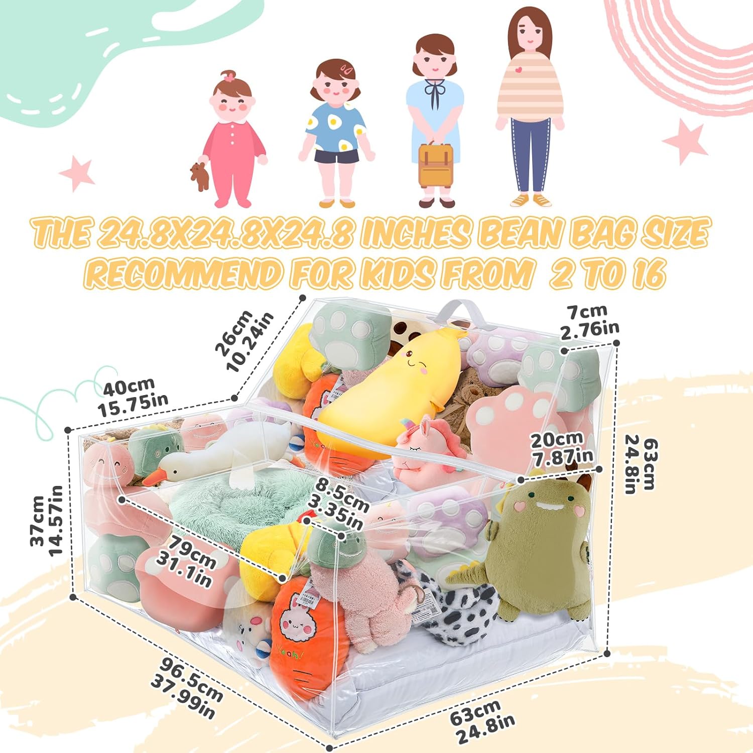 Teenyyou Stuffed Animal Storage Bean Bag Chair Sofa Cover Zipper Large Transparent PVC Stuffed Animal Organizer Bean Bag Seat Only for Organizing Rooms Plush Toys When Filled(38 Inch,Sofa Style)