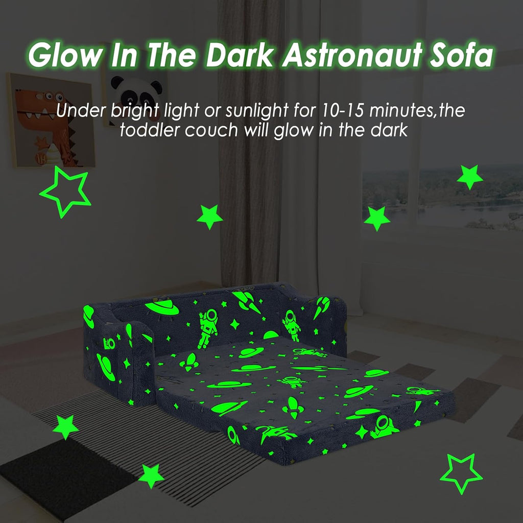 Kids Couch Extra Large, Glow in the Dark Folding Kids Sofa for Boys, 2 Seats Comfy Couch for Children Bedroom Playroom Nursery, Astronaut