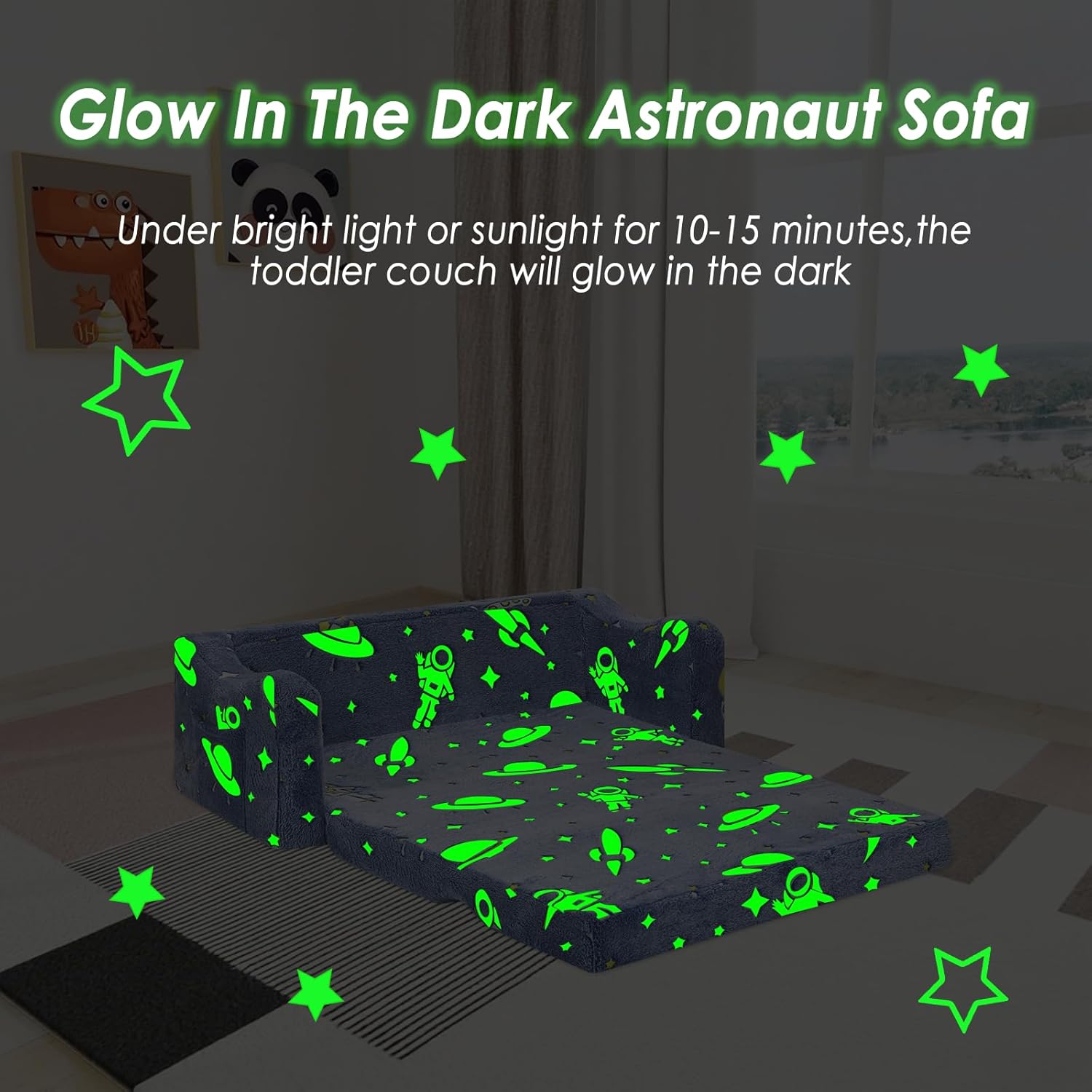 Kids Couch Extra Large, Glow in the Dark Folding Kids Sofa for Boys, 2 Seats Comfy Couch for Children Bedroom Playroom Nursery, Astronaut