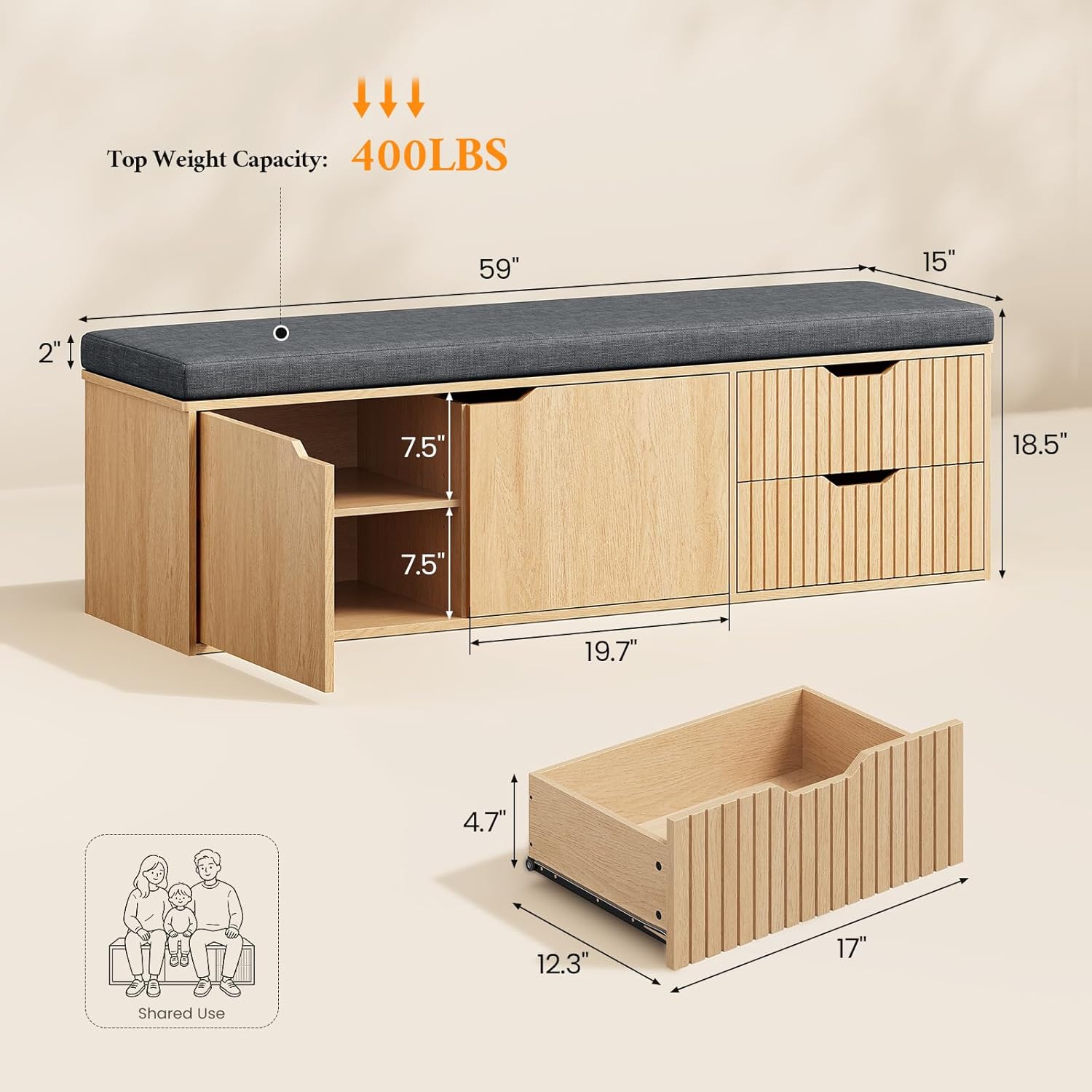 59" Storage Bench with Drawer, 2-Tier Shoe Bench with Doors, Long Entryway Bench, Thickened Cushion, Adjustable Shelf, Fluted Design for Entryway, Bedroom, Living Room, Natural