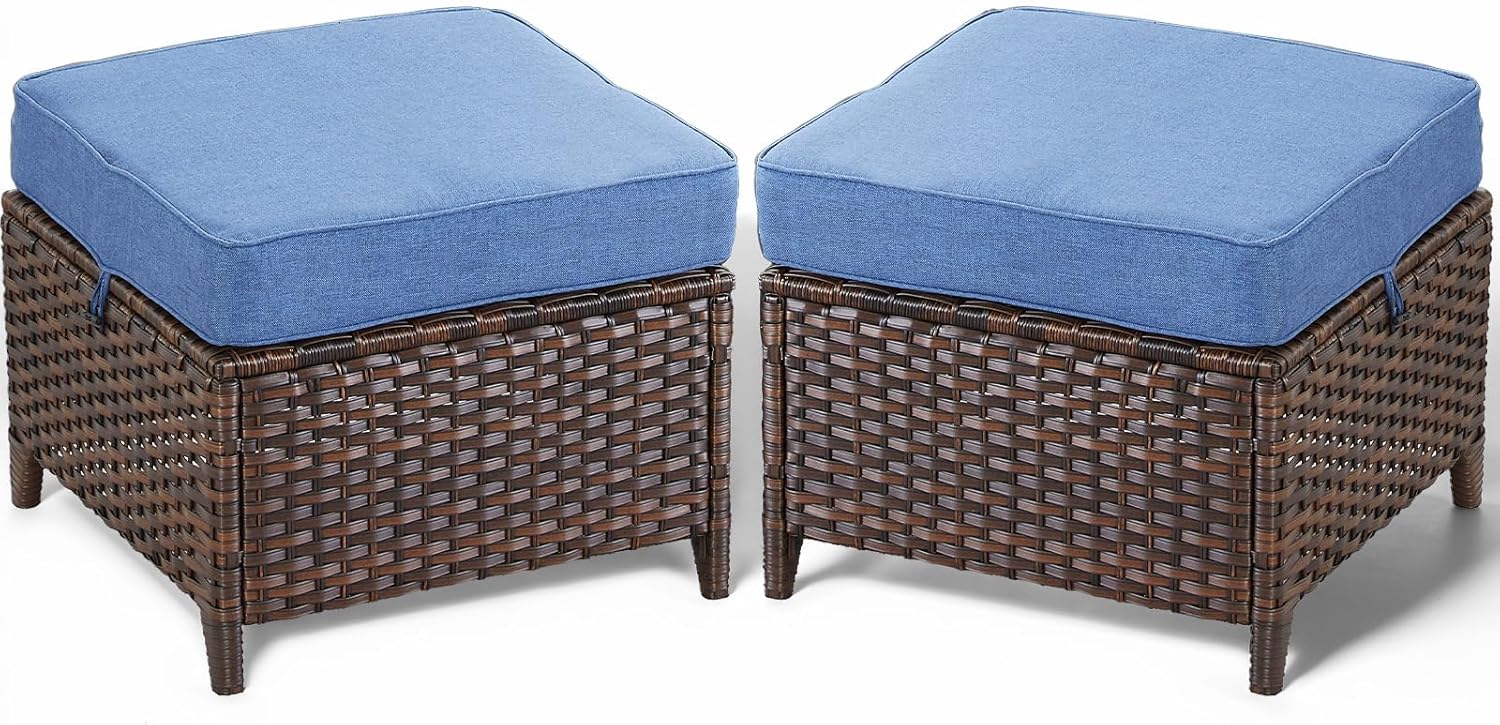 Patio Ottoman Outdoor Wicker Side Table - 2PCS Multipurpose Heavy Duty All-Weather Brown Rattan Extra Seating Bench Footrest Footstool for Garden Back Porch Poolside Apartment - Navy Blue