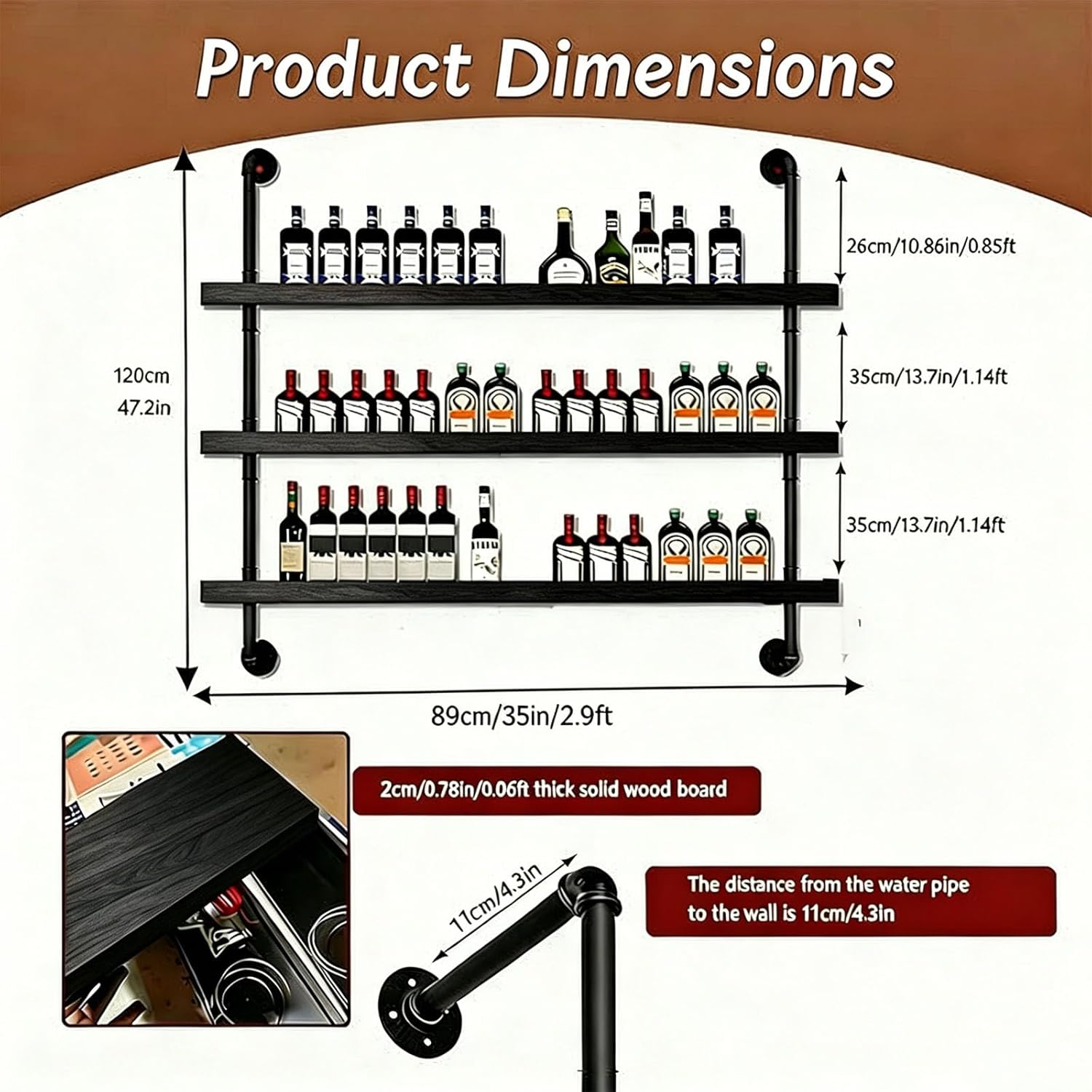 89cm/35in Wall Mounted Wine Rack with LED Light - 3-Tier Solid Wood Industrial Rustic Floating Shelves, Bottle Storage Organizer for Kitchen, Bar, Pub, Cellar, Home Bar (Black, 89cm/35in)