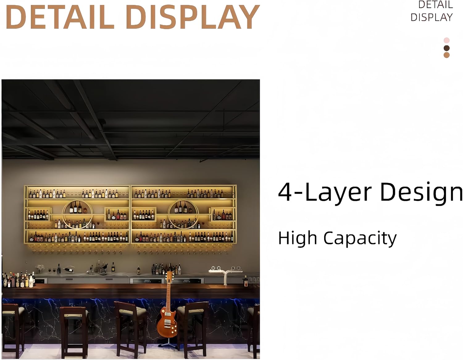 55in Modern Wine Rack Wall Mounted, Metal Wall Bar Shelves for Liquor Bottles with Glass Holder, Multifunctional Wood Bar Shelves Wall Mounted for Home Bar, Dining Room & Kitchen, Gold