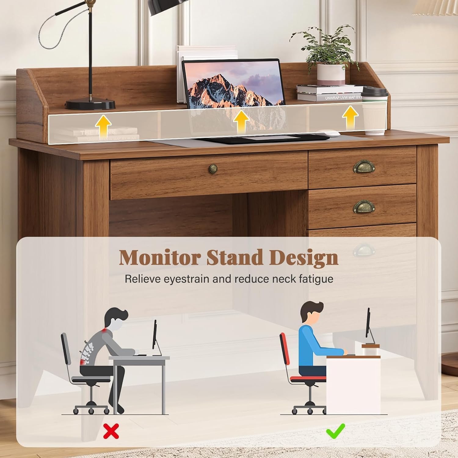 4 EVER WINNER Desk with Drawers, 47'' Small Desk with Monitor Stand and File Drawer, Computer Desk with Storage for Bedroom, Living Room, Small Spaces, Walnut