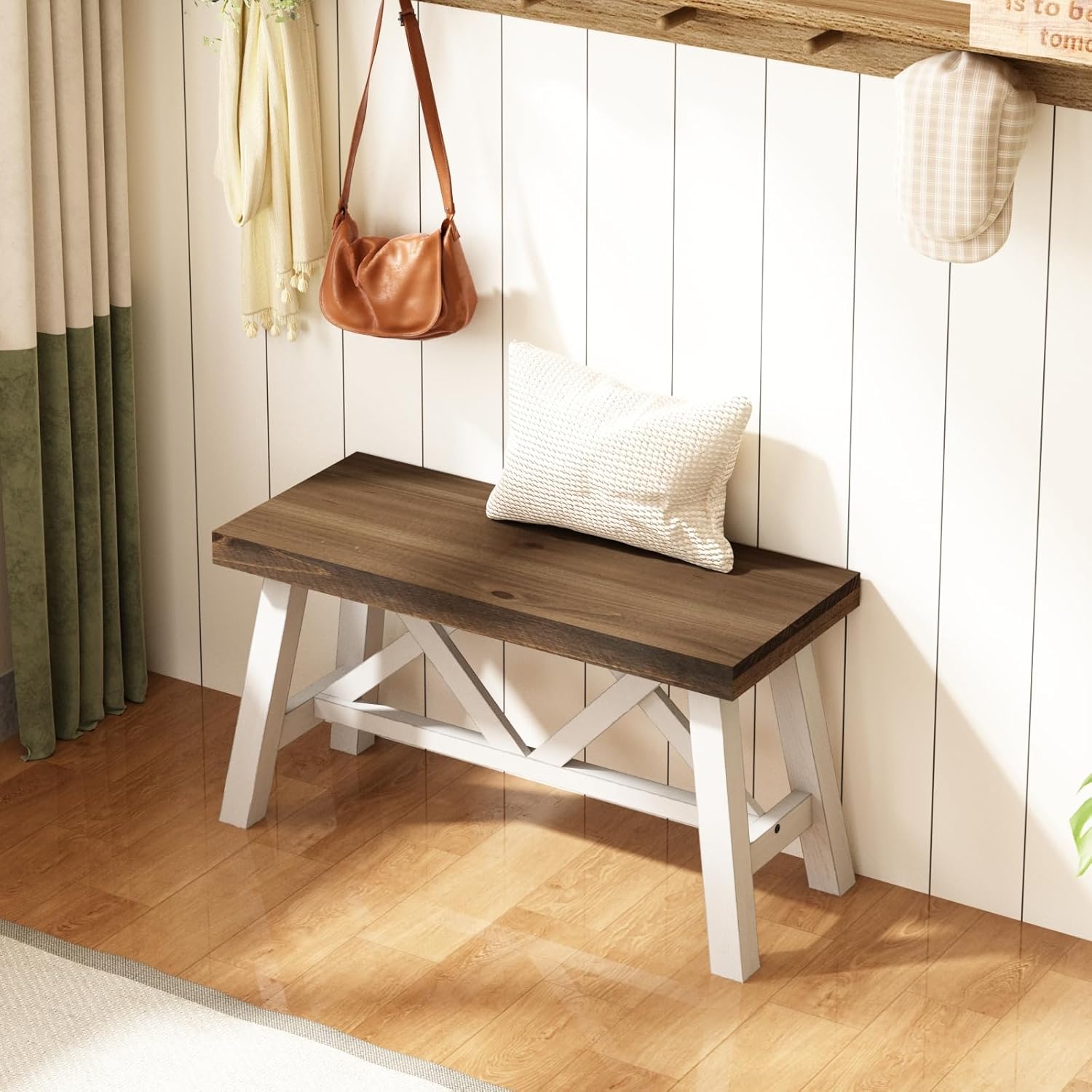 Wnutrees 30" Farmhouse Wood Bench, Rustic Solid Wood Entryway Bench Seat with Double X-Structure for Dining Area Living Room Hallway, Structural Stability, White