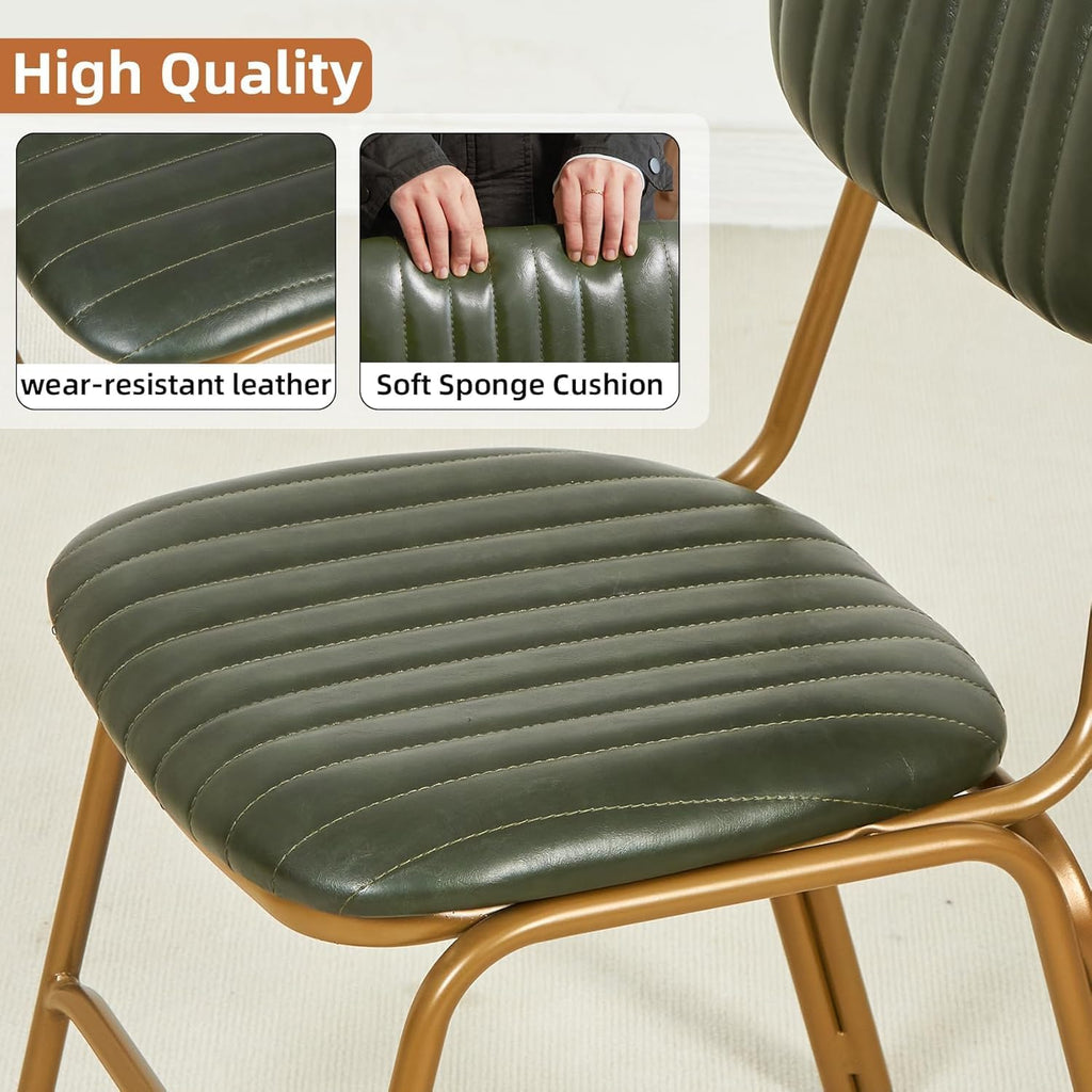 Mid Century Modern Dining Chairs Set of 4, Retro Chair with Faux Leather Upholstered Seat/Backrests & Vintage Distressing Metal Legs & Leg Protectors for Kitchen Dining Room (Dark Green)