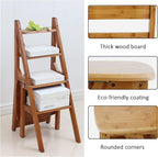 Solid Wood Folding Ladder Chair 4Step Library Ladder Convertible Step Stool Display Stand for Adults(Walnut)