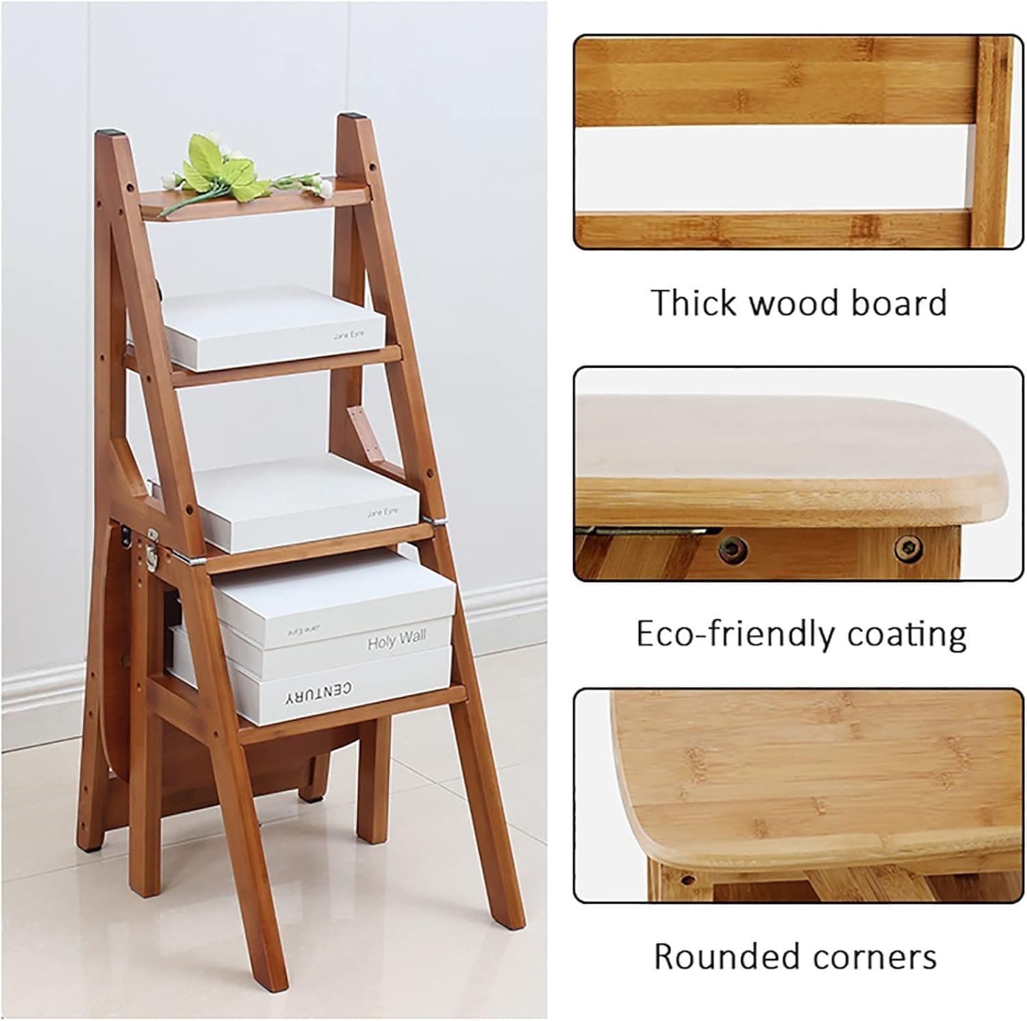 Solid Wood Folding Ladder Chair 4Step Library Ladder Convertible Step Stool Display Stand for Adults(Walnut)