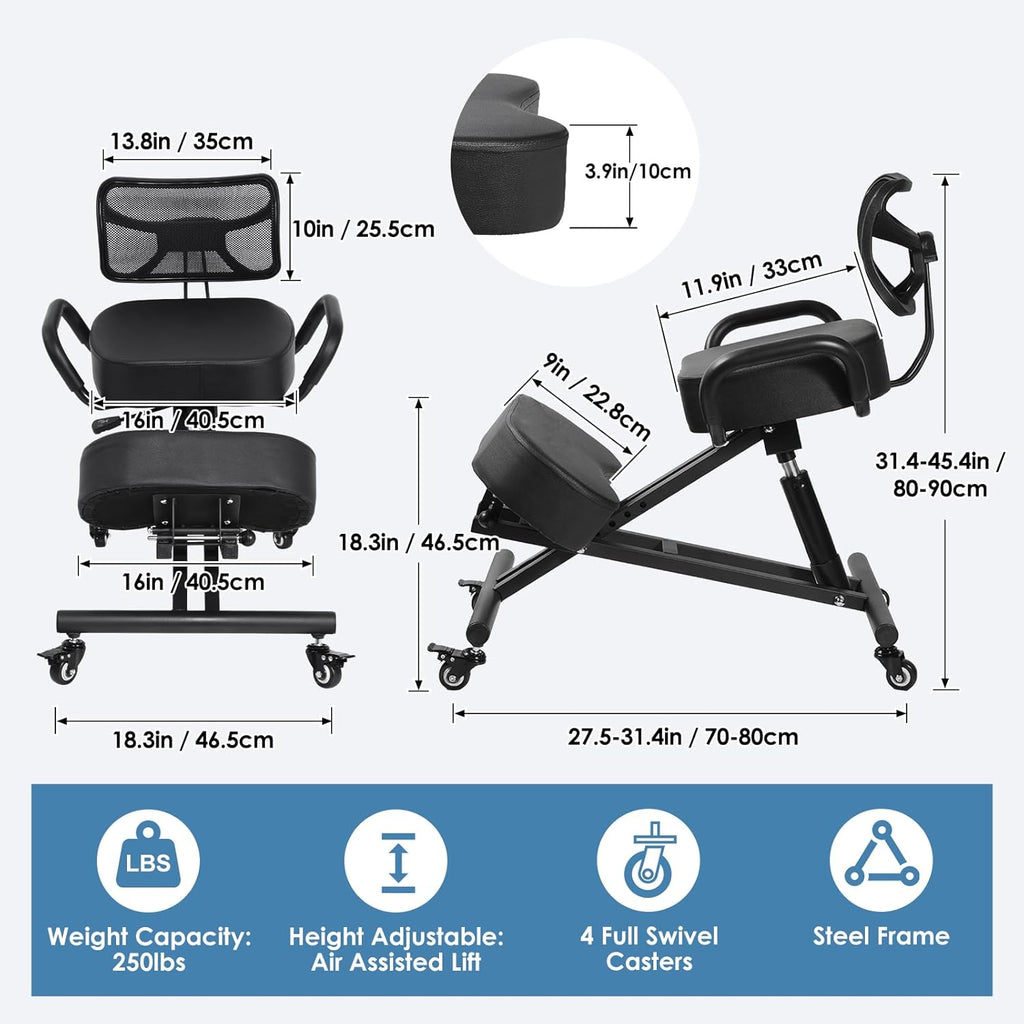 Ergonomic Kneeling Chair with Backrest & Lumbar Support, Adjustable Height Desk Chair with Wheels & Thick Cushion, Ideal for Office & Work from Home, Support Upright Sitting & Relieve Back Pain