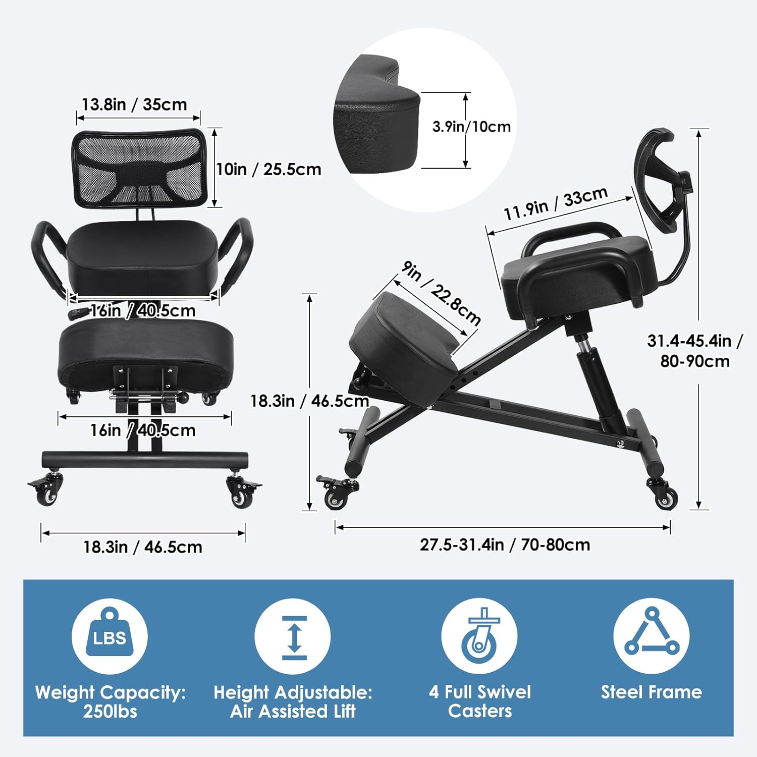 Ergonomic Kneeling Chair with Backrest & Lumbar Support, Adjustable Height Desk Chair with Wheels & Thick Cushion, Ideal for Office & Work from Home, Support Upright Sitting & Relieve Back Pain