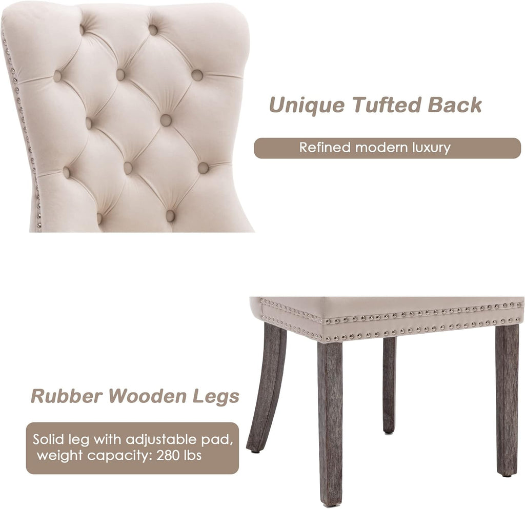 KCC Velvet Dining Chairs Set of 4, Upholstered High-end Tufted Dining Room Chair with Nailhead Back Ring Pull Trim Solid Wood Legs, Nikki Collection Modern Style for Kitchen, Beige