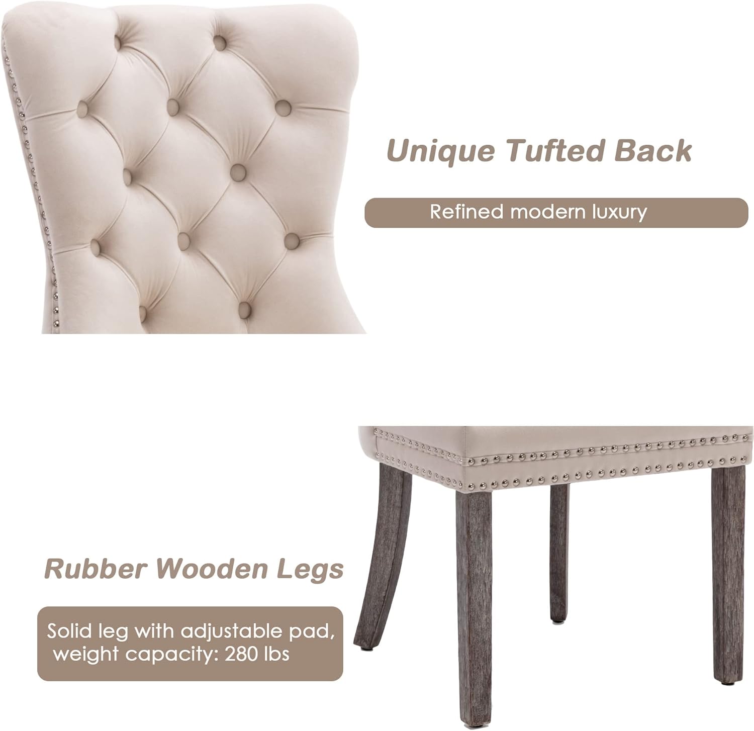 KCC Velvet Dining Chairs Set of 4, Upholstered High-end Tufted Dining Room Chair with Nailhead Back Ring Pull Trim Solid Wood Legs, Nikki Collection Modern Style for Kitchen, Beige