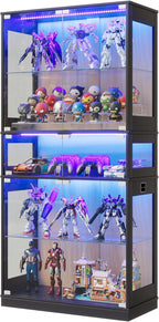 Display Cabinet with Glass Doors & LED Lights, 5 Tier Lighted Display Case for Figurines Collectibles, Tall Curio Storage Cabinet with Motion Sensor, 5 Shelves Living Room Bookcase (Black+Oak)