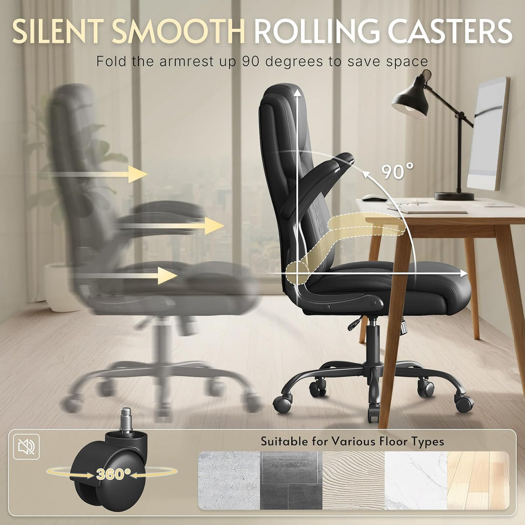 Office Chair,Big and Tall Office Chair,Home Desk Computer Chair, Executive Leather Computer Chair with Lumbar Support& Flip-Up Arms, Rocking Function Swivel Chair for Home Office,Black