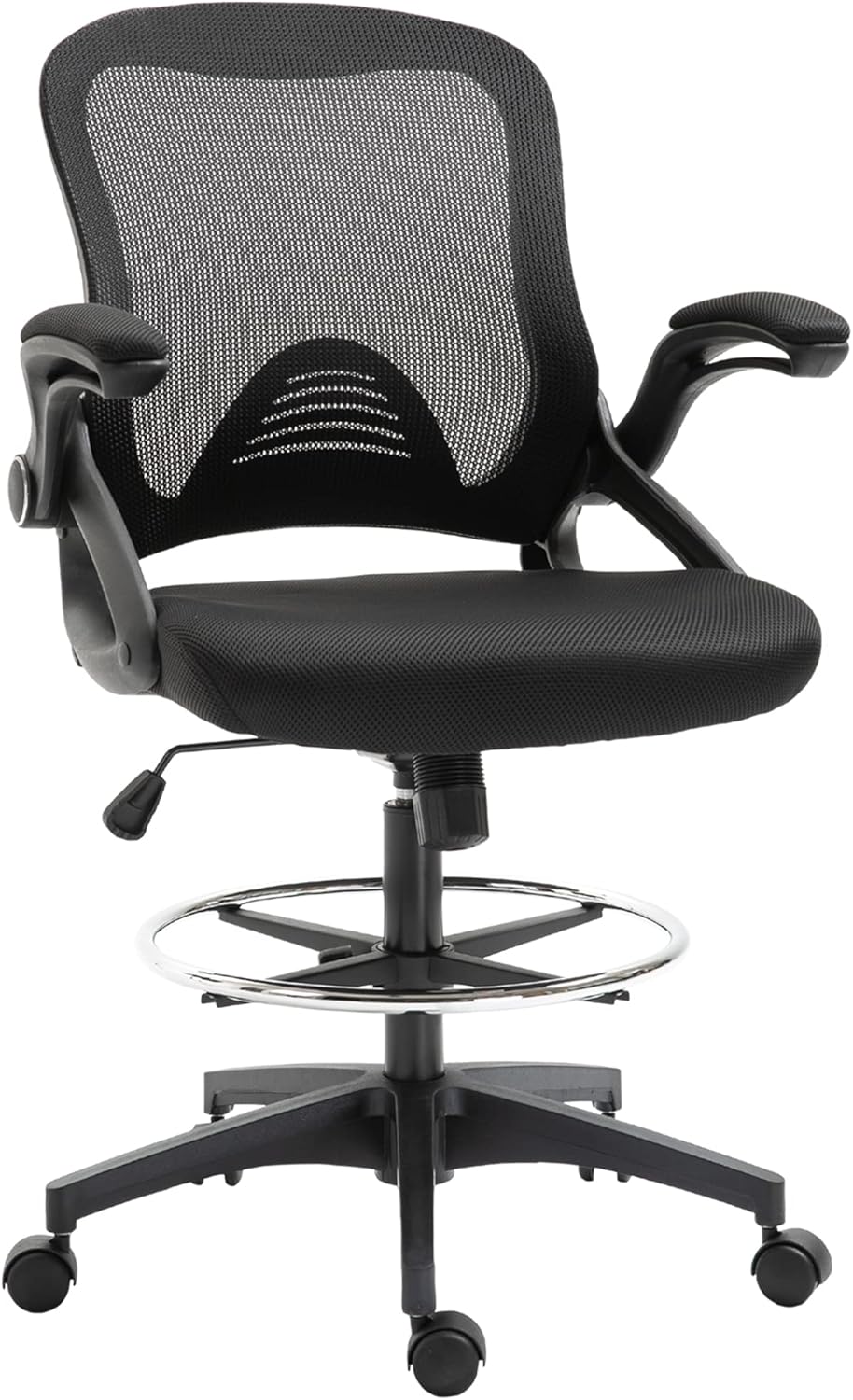 Vinsetto Mesh Drafting Chair, Tall Office Chair with Lumbar Support, Flip-Up Armrests, Footrest Ring and Adjustable Seat Height, Black
