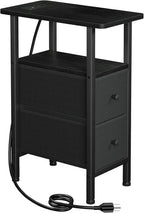 LOAKEKEL Narrow End Table Living Room with Charging Station, Skinny Side Table with Fabric Drawers, Slim Nightstand for Bedroom, Small Spaces, Couch, Black, HETNDP02BK-1