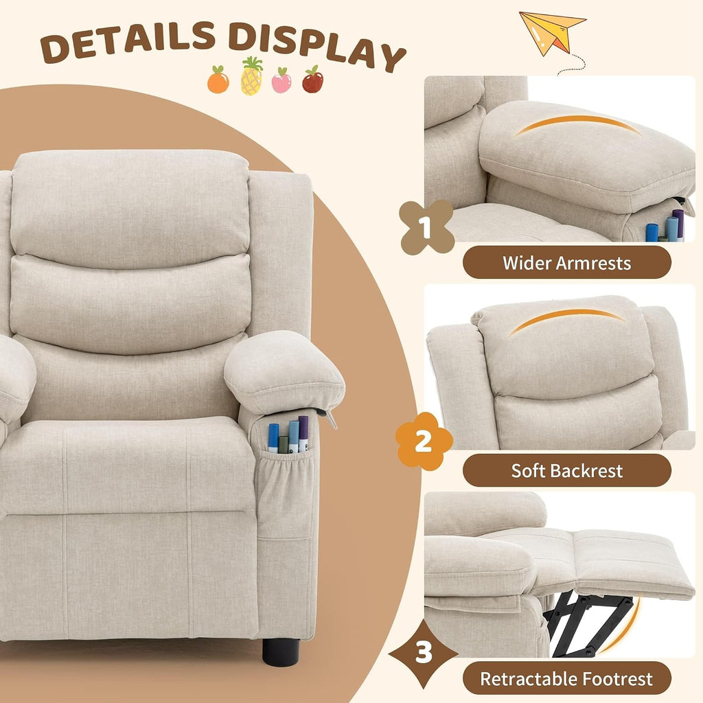 Korser Kids Recliner Chair, Push Back Toddler Recliners with Side Pockets, Child Recliner with Footrest, Cashmere Fabric Kid Chair for Girls Boys Kids Room, Children's Rooms (Beige)