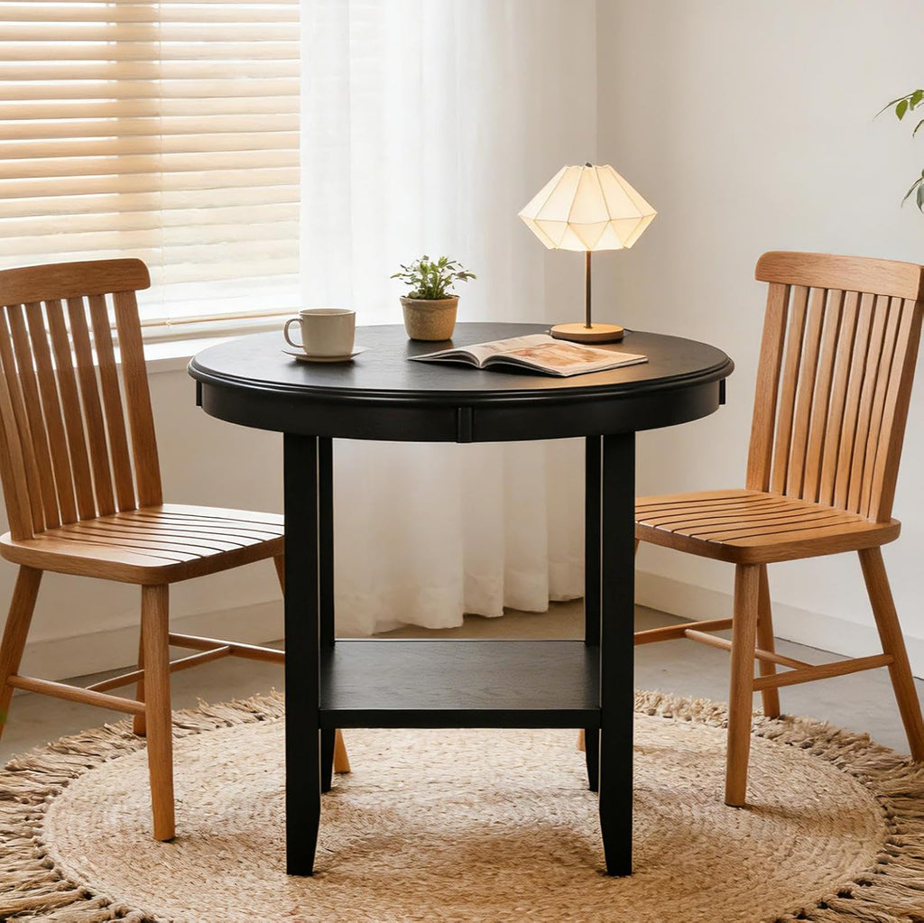 SogesHome Solid Wood Round End Table with Storage Shelf, Heavy Duty Small Kitchen Table for 2-4 People, Rustic Modern Space Saving Side Desk for Living Room, Bedroom, Kitchen, Office, Hallway