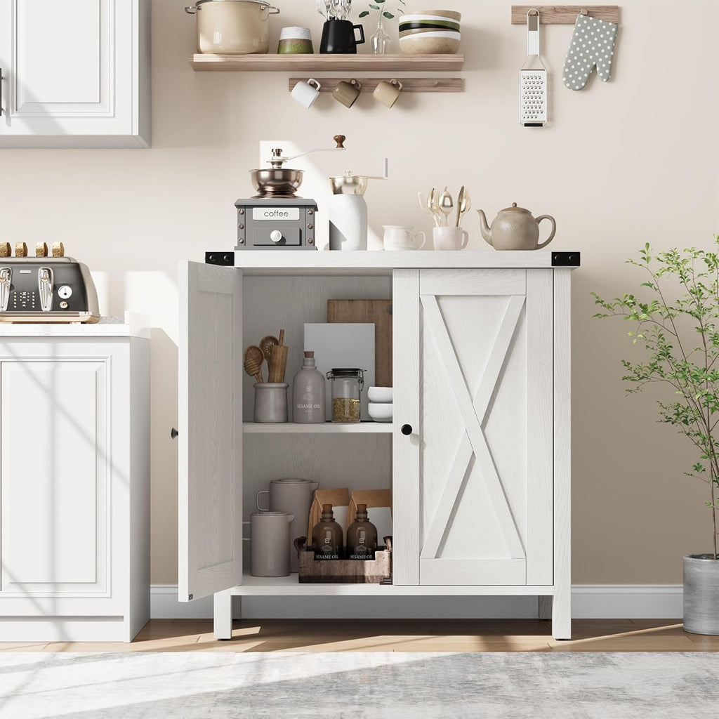 GarveeHome Small Storage Cabinet, Farmhouse Sideboard Buffet Cabinet with 2 Doors and Adjustable Shelves, Accent Entryway Console Cabinets for Living Room, Dining Room (Rustic White., 1 Pieces)