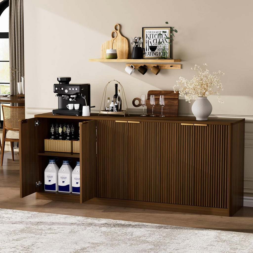 67" Fluted Buffet Sideboard Cabinet with Storages, Modern Accent Cabinet with 6 Doors,Large Storage Cabinet for Kitchen, Living Room,Entryway(Walnut)