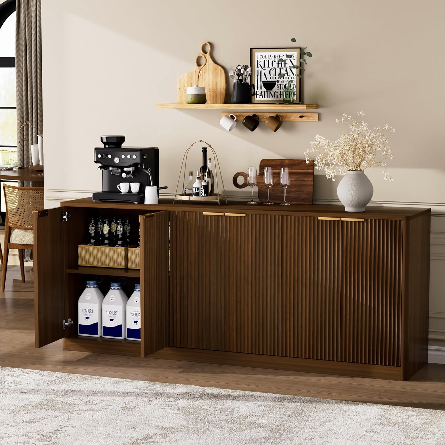 67" Fluted Buffet Sideboard Cabinet with Storages, Modern Accent Cabinet with 6 Doors,Large Storage Cabinet for Kitchen, Living Room,Entryway(Walnut)