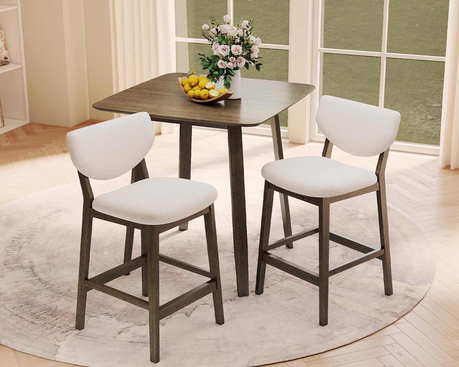 PrimeZone 3 Piece Dining Table Set - Counter Height Bar Table and Chairs Set for 2, Mid-Century Modern Upholstered Bar Stools with Back & Wood Kitchen Table, Dinette Set for Dining Room, Pub