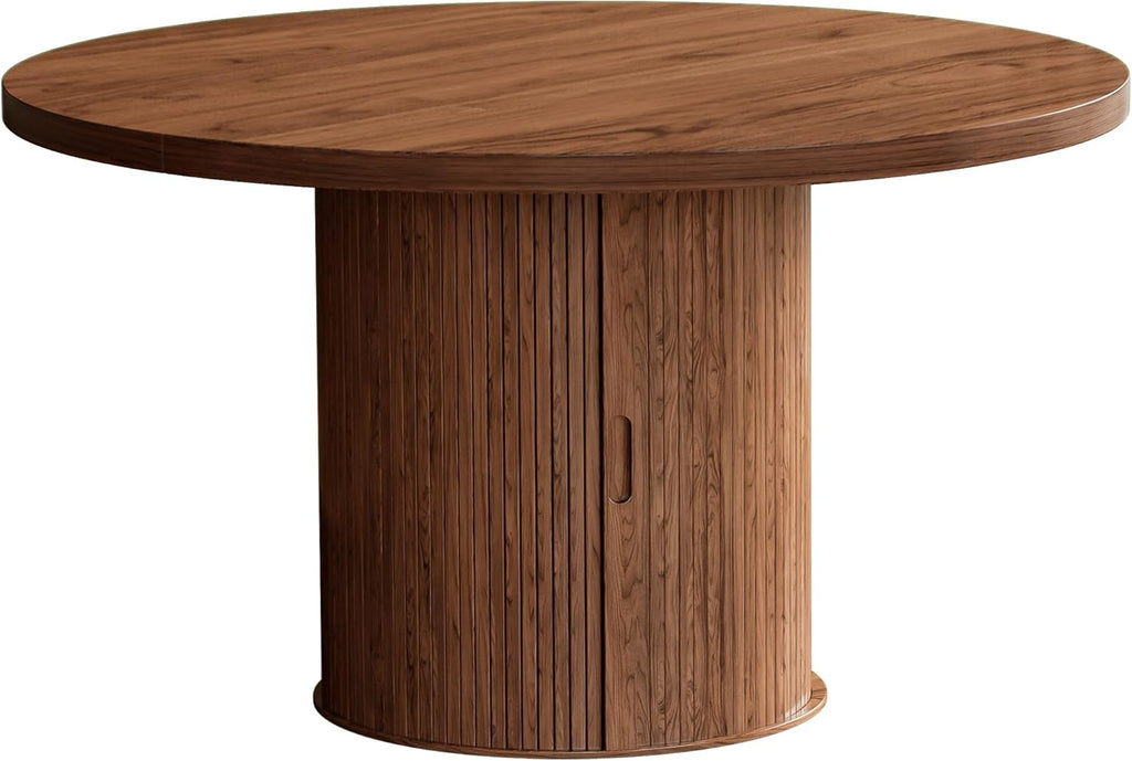 47 Inch Round Dining Table for 4-6, Farmhouse Kitchen Table with 2-Layer Storage Shelf & Drawer and Sliding Door, Sturdy Wooden Dining Table with Fluted Pedestal Base for Kitchen, Living Room, Walnut
