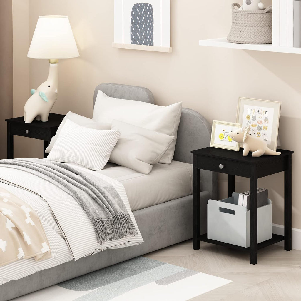 Furinno Classic Side Table Set of 2, 2-Tier Modern End Table with Small Drawer and Open Shelf, Night Stand, Bedside Table, for Living Room, Bedroom, Dark Americano