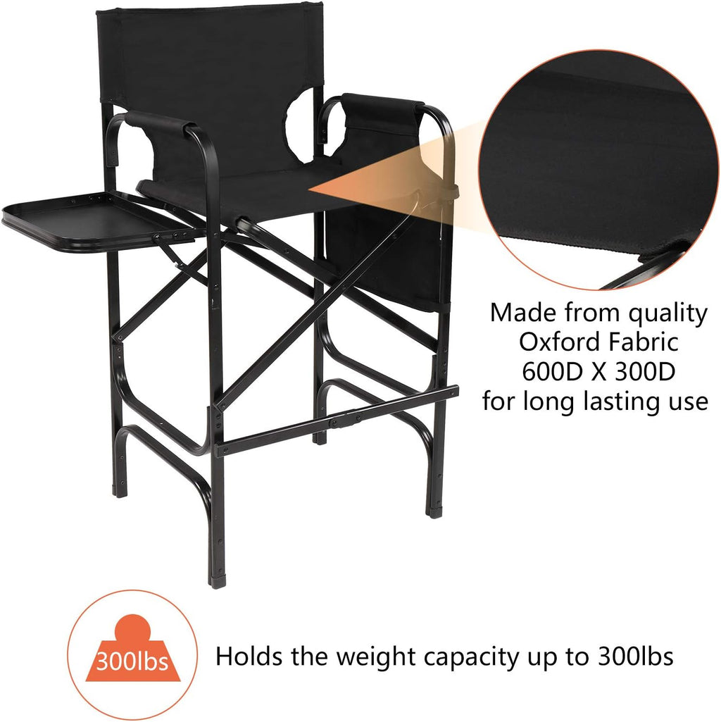 OmySalon 31" Tall Directors Chair Black Folding with Side Table Storage Bag,Aluminum Frame 300 lbs Capacity, 33.8" L x 19.2" W x 45.6" H,Portable Makeup Artist Bar Height